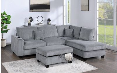 New Gray Or White 3pc Corduroy Sectional And Ottoman Sofa Couch 