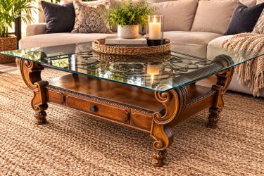 Luxury Glass Top Coffee Table with Wrought Iron & Storage Drawer
