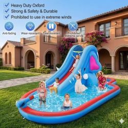 Inflatable Pool Water Slides, Kids Outdoor Inflatable Bouncers House w/Long Slide, Climbing Wall & Large Splash Pool, Water Cannons & Hose, Elephant T