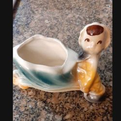 Vintage pixie Elf - Flower Wheelbarrow Planter.