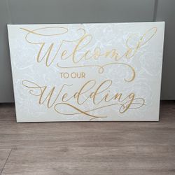 White And Gold Wedding Sign