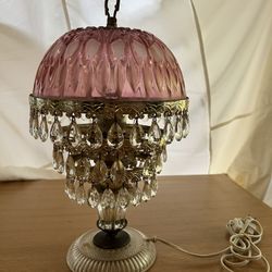 Vintage MICHELOTTI PINK CRANBERRY Glass Lamp 3 Tiers of Prisms 16.25" Tall Made In Holland