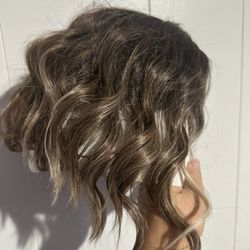 Short Brown With Blonde Highlights And Bangs Wig