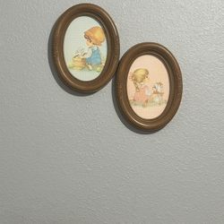  Set of 2 Vintage girl with puppy boy with bunny 8.75" framed art prints Marilyn