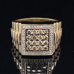 10 Karat, Yellow, Gold, Men’s Diamond Cluster Ring Champagne Diamond Center 1ctw 8.6g Size 10  Inventory 961