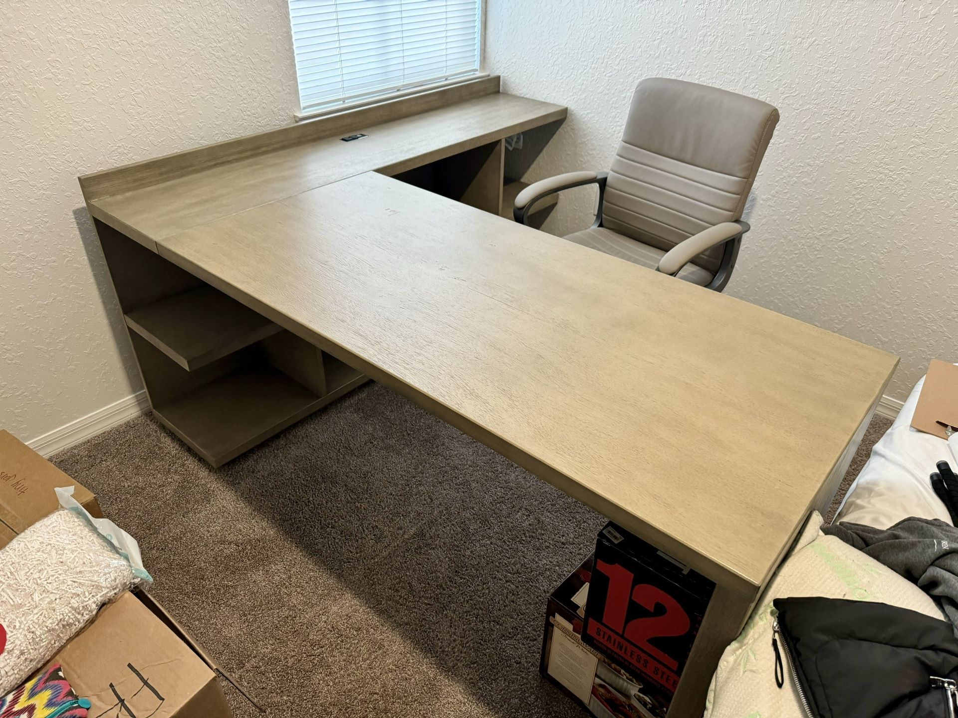 L Shaped Home Desk With Shelves And Leather Chair