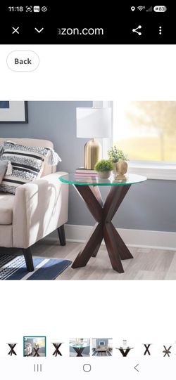 Two Beautiful Side Table Criss Cross Base and Round Beveled Glass Tops in Espresso Wood