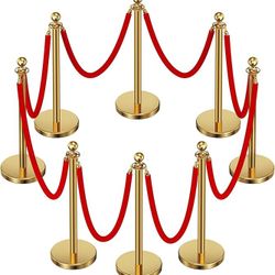 8pcs Sturdy Gold Stanchion Posts and 8pcs High Quality Red Carpet Velvet Ropes, Water/Sand/Concrete Fillable Leakproof Base, Crowd Control Barriers fo