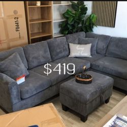 Gorgeous Gray Corduroy Sectional Sofa Couch With Ottoman Storage No Tax 