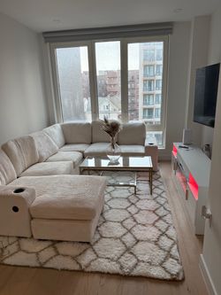 Cream Corduroy Sectional Sofa with USB Ports & Chaise Storage