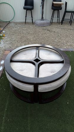 Round Coffee Table with 4 Nesting Ottoman Stools (No Glass)