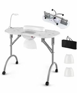 R4) Nail manicure table, portable nail technology desk with electric dust collector, wrist rest, USB plug LED lamp, 4 wheels with lock, white color, $