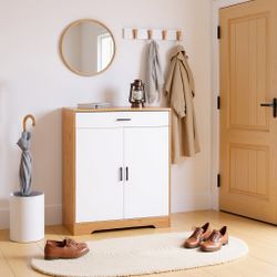 Homy Casa Liora Modern Shoe Cabinet Organizer with Adjustable Shelves & Drawer, Natural & White