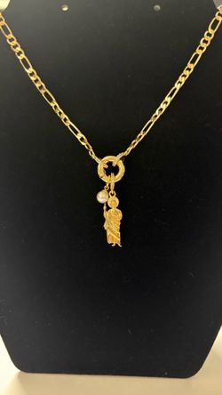 Gold tone Figaro Chain Necklace with Saint Charm