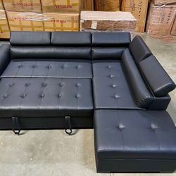 New! Faux Leather Black Sectional Sofa Bed With Storage Ottoman, Sofabed, Sofa Bed, Sectional Sofa, Black Sectional, Sectional Couch, Sofa