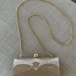 vintage Stuart Weitzman Gold Satin Clutch w Crystals Hard Case