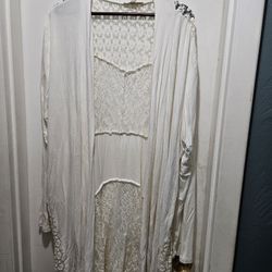 Ladies 2X White Maria Gabrielle Lace Trim Open Front Cardigan
