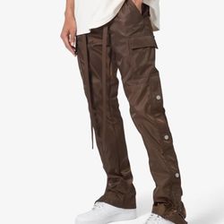 Brown Nylon Stacked Pants W Buttons 