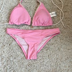 Swimsuit Bikini White Pink medium triangle top Small Bottom 