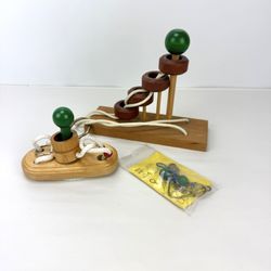 Vintage Brain Teaser Puzzle Toys Wood Remove Brass Ring Lot of 3