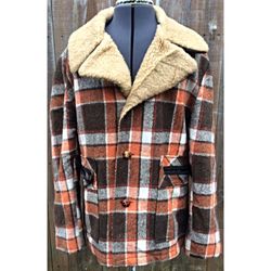 60's Vintage Sir Jac Orange Brown Plaid 3 Button Jacket with Fleece Lining