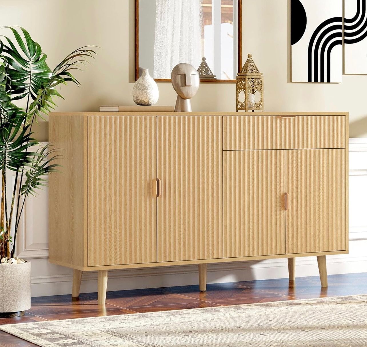 47.2" Oak Buffet Cabinet with Storage, Fluted Sideboard with Adjustable Shelves, Wood Storage Cabinet with Adjustable Shelves for Kitchen, Coffee Bar 