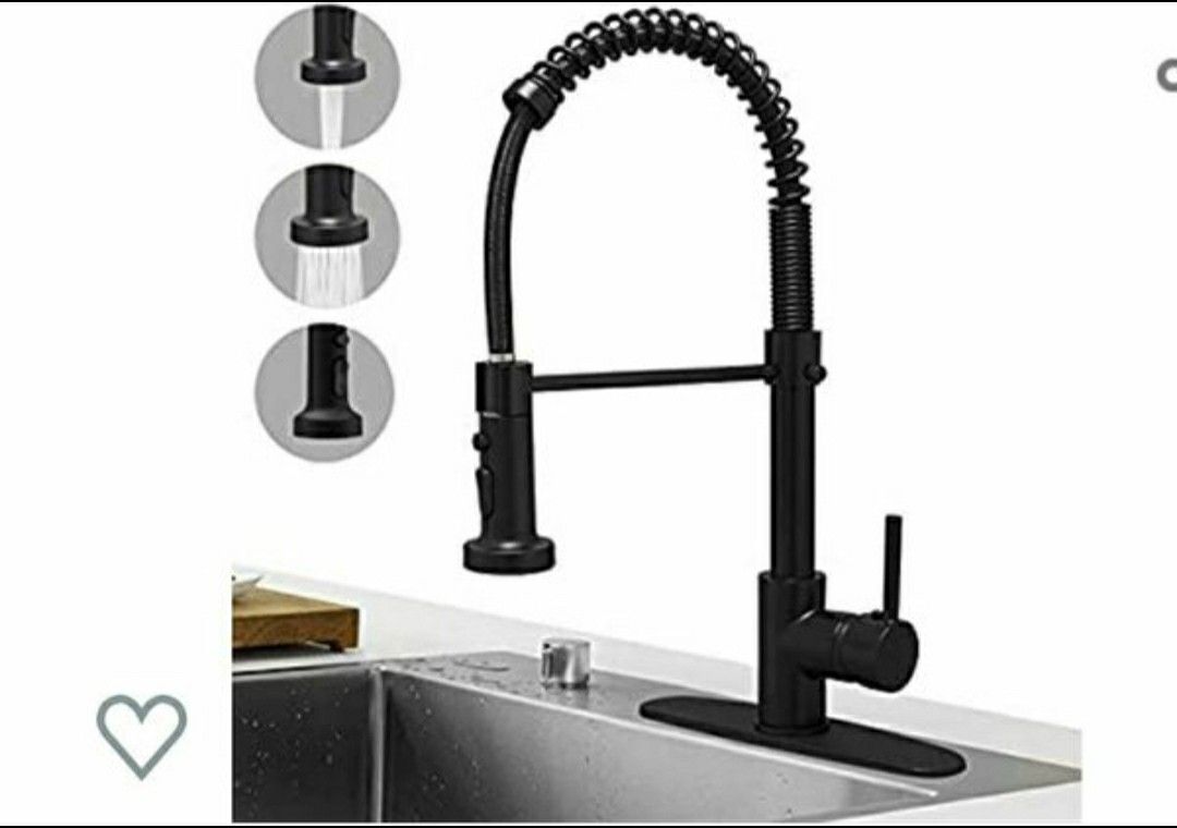 Hoimpro High Arc Matte Black Spring Black Kitchen Sink Faucet with Pull Out Sprayer,3 Function Single Faucet,Brass(Single or 3 Hole) (Reseda ca)