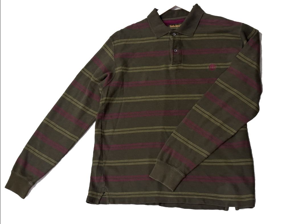 Vintage 1998 Timberland Polo Long Sleeve Sz L Men’s Striped Moss Green Cotton