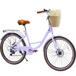 26" Purple 7-Speed Cruiser Bike with Basket (Girls/Women)