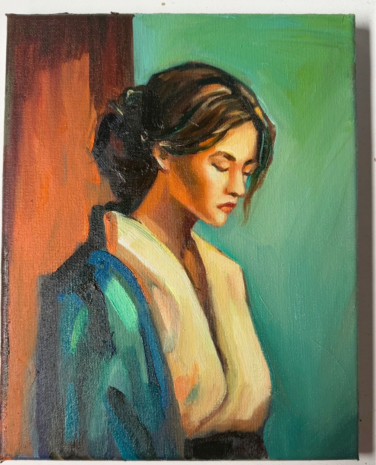 Original Oil Painting Portrait Wall Art «Between Thoughts”, 10x8, oil on canvas