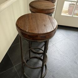 🚚sale! 3 Rustic wooden Bar Stools - Metal Legs With Faux Rust Finish 30”