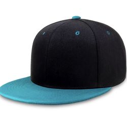 LOGA Black and Teal Blank Plain Polyester Snapback Hat Plastic Snap Flat Visor High Crown