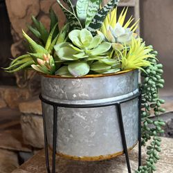 Ht-13in Width-12in HANDMADE Artificial Cactus In A Rustic Metal Planter In Stand