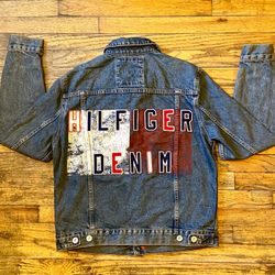 Tommy Hilfiger 90s Vintage Graffiti Logo Denim Jean Jacket Mens Sz L Rare. 