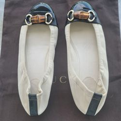 GUCCI WOMEN'S LEATHER BALLET FLATS- IVORY SUEDE- BLACK LEATHER  SIZE 8