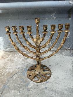 Vintage Brass 9 Candle Menorah Candelabra Tree Design 14” Tall Heavy Wax Build Up
