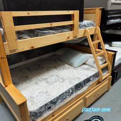 Triple Natural Bunk Bed With Mattress Trundle Twin Full 