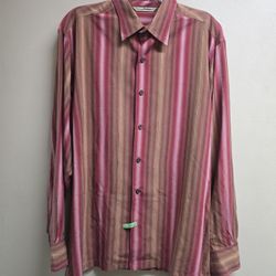 Tommy Bahama Shirt Mens Large Red Brown Stripe Button Up Casual 100% Silk