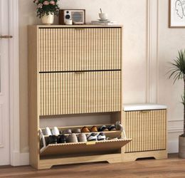 30.9" Fluted Shoe Cabinet with 3 Flip Drawers & Matching Shoe Bench – Natural Oak, Fully Assembled
