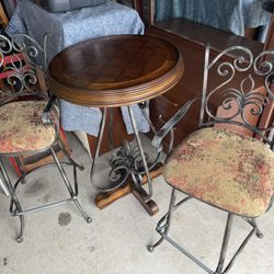Table and Bar Stools, 2000s Tall Wood and Metal