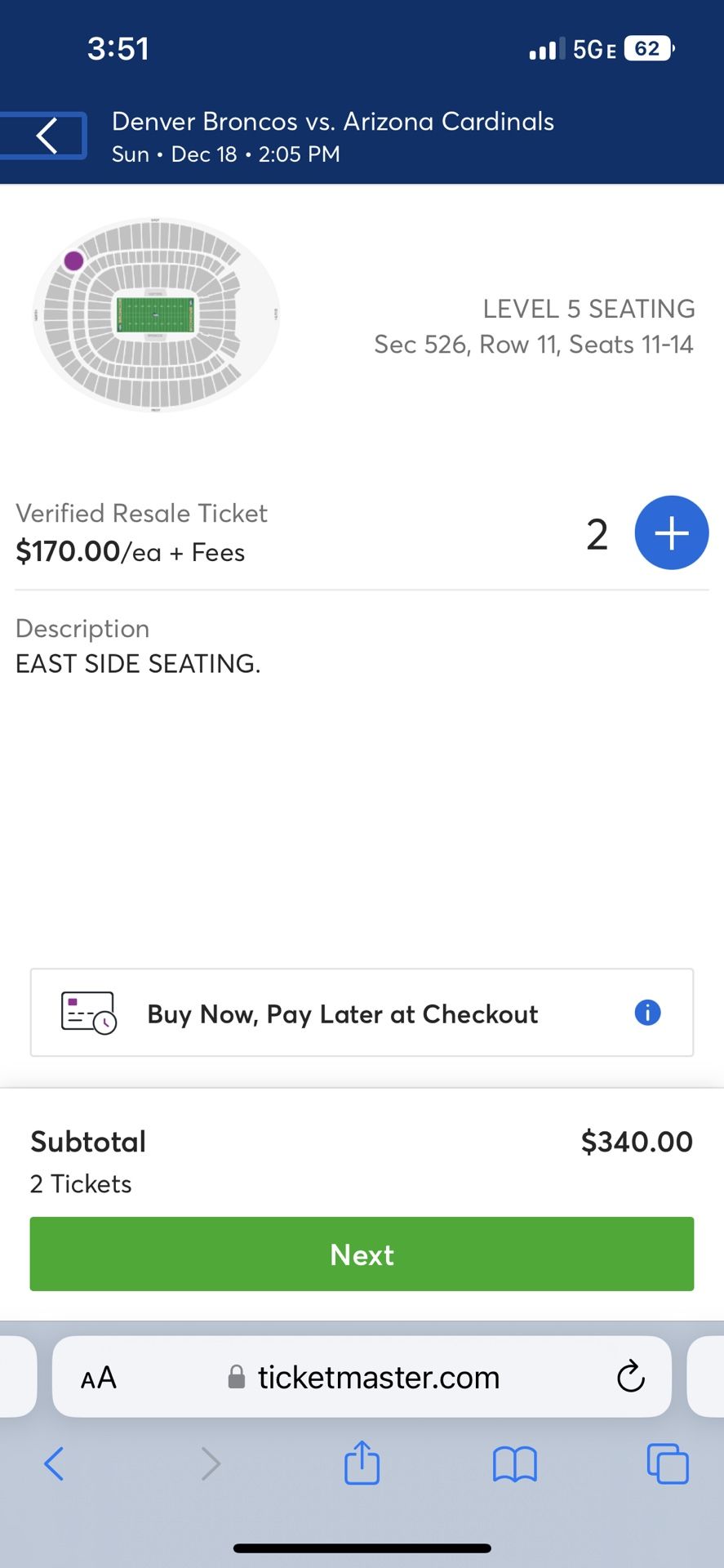 2 Bronco Tickets. Vs Arozona 50 Each