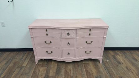 Pink Painted 9-Drawer Dresser with Brass Hardware