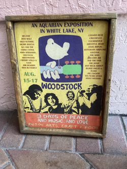 WOODSTOCK Art on Board An Aquarian Exposition In White Lake, NY. Wood frame measure 13 1/2 inch by 17 1/4 inch high