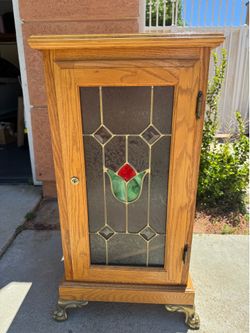 Vintage Oak Accent Cabinet with Stained Glass