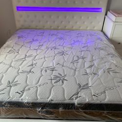 Bed Frame White King Size Led And King Regular Mattress New 