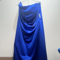 David's Bridal Royal Blue Strapless Satin Gown with Brooch - Size 26