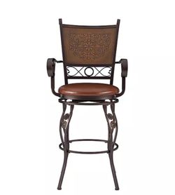 swivel barstool features a stamped back and curved arms,