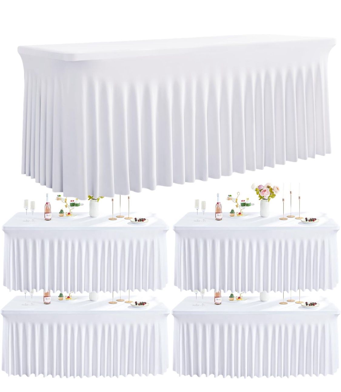 White Spandex Table Clothes for 6 Foot Rectangle Tables-4Pack 6FT Spandex Fitted Table Cover, Wrinkle Free Tablecloths with Skirt for Parties, Wedding