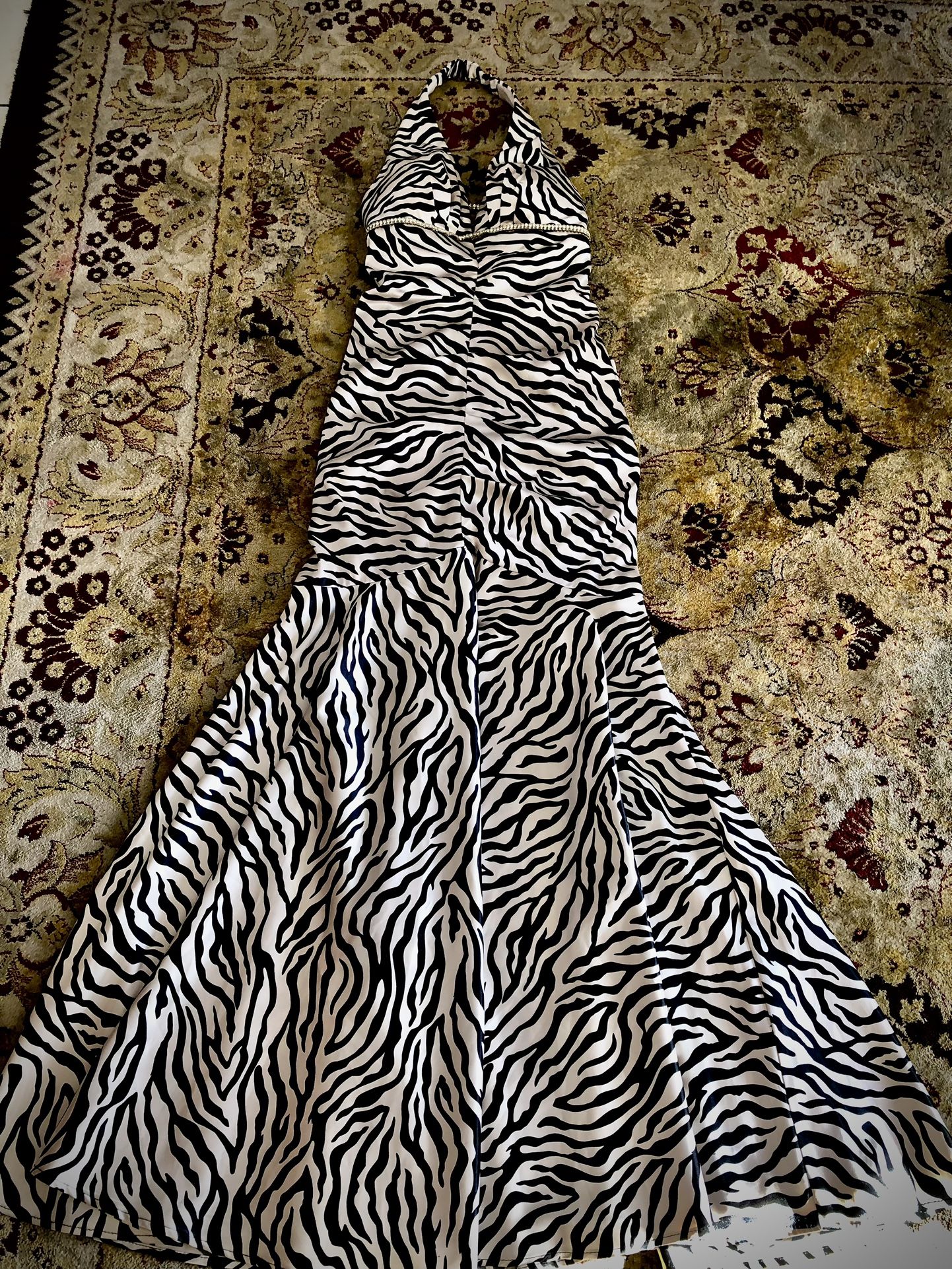 Black Off white Zebra Print Backless Halter Mermaid Style Long Dress Gown