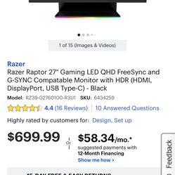 Razer Raptor 27 Pc Gaming / Professional Use Monitor